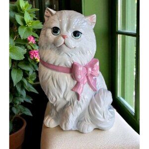 New Large Resin White & Pink Cat Kitten Figurine W/ Polka Dot Bow Room Decor